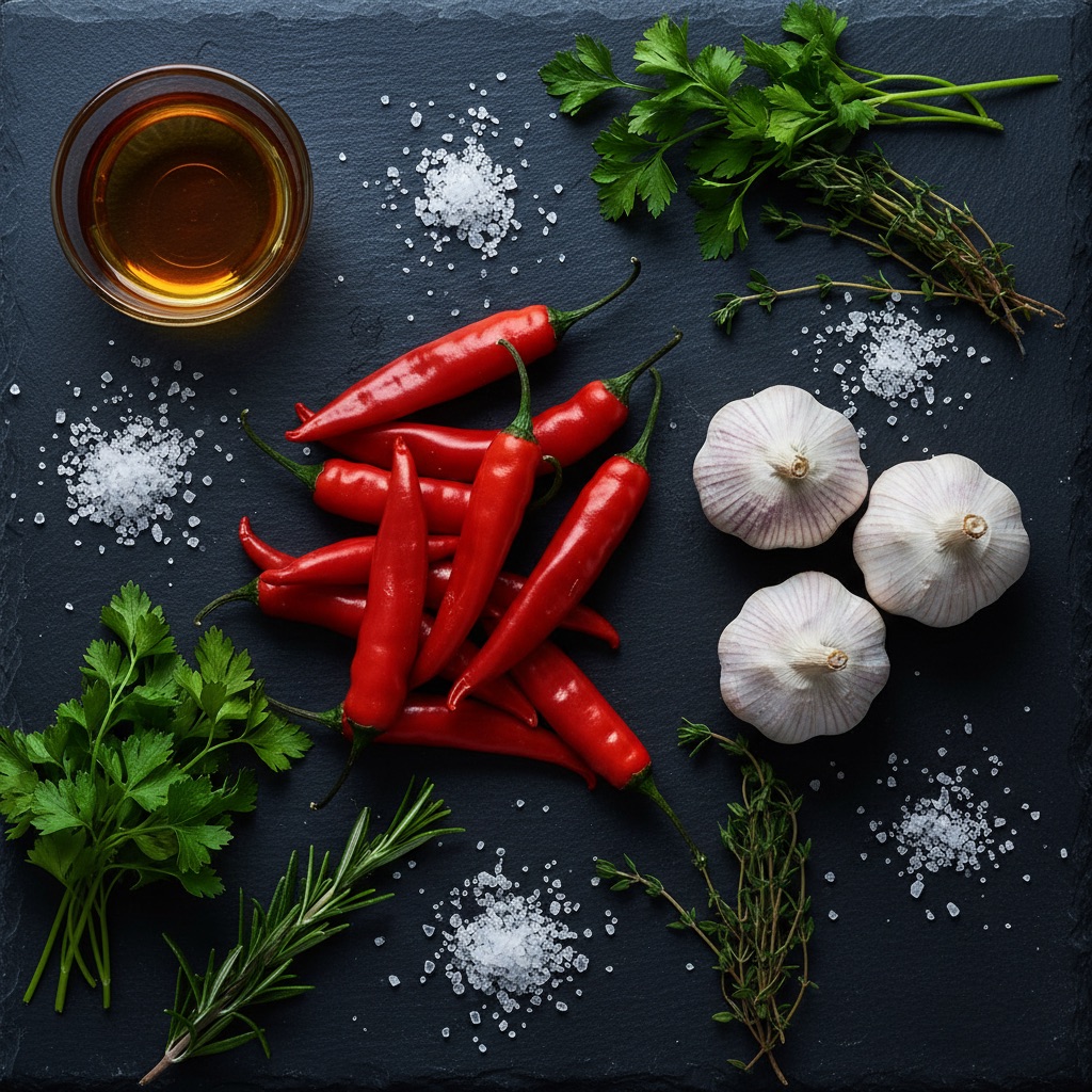 Fresh peppers, garlic, salt, and vinegar