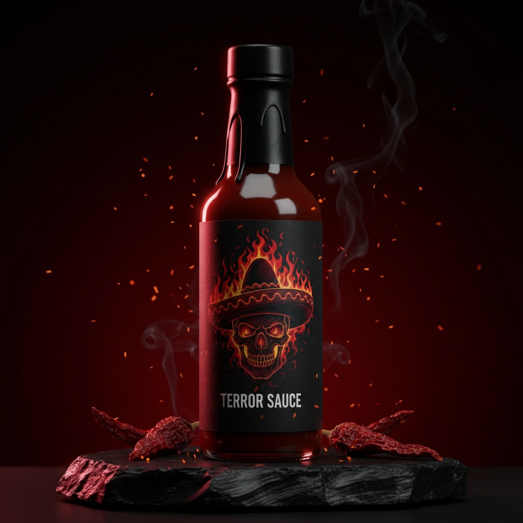 Terror Sauce Bottle with flaming skull logo
