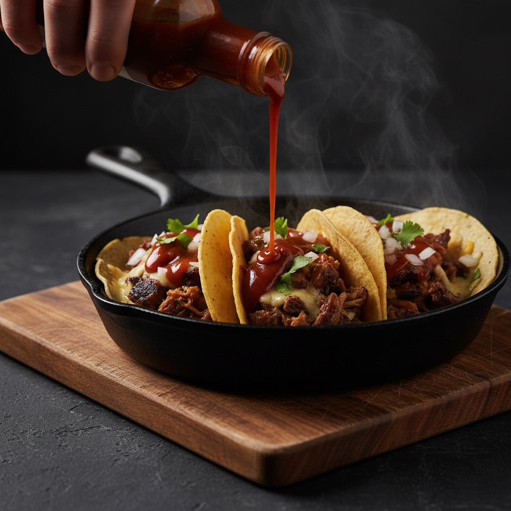 Terror Sauce being drizzled on tacos
